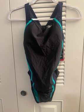 Speedo Black and Teal Trim Racerback One-Piece Swimsuit